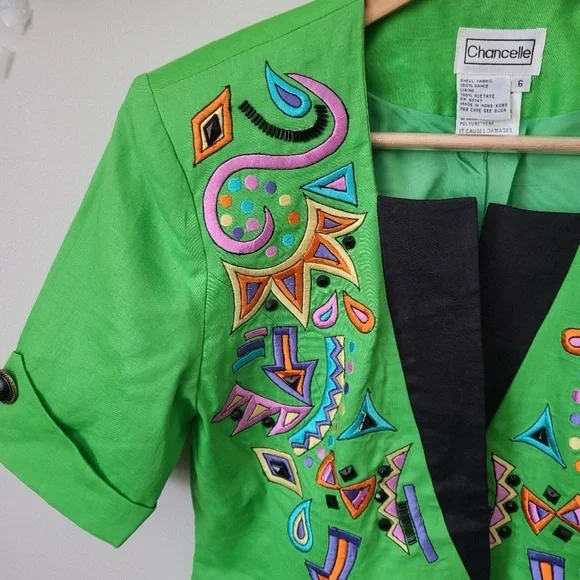 Vintage CHANCELLE Jacket Blazer  Fitted Green Colorful Embroidery Beaded - Picture 2 of 8